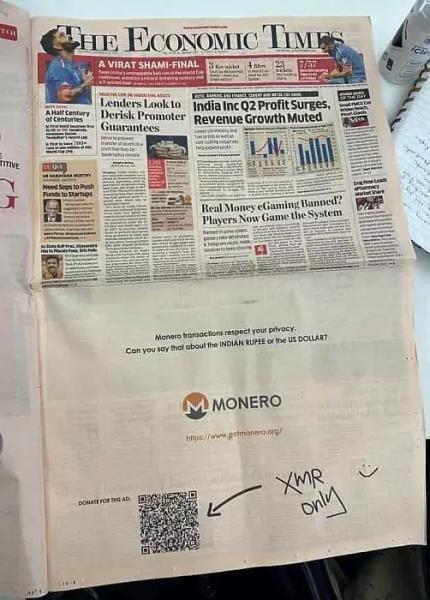 В индийской The Economic Times появилась реклама криптовалюты Monero