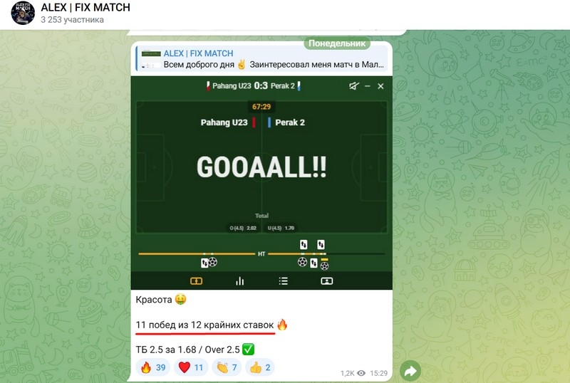 Обзор Телеграм-канала Alex Fix Match: отзывы о каппере Алекс Фикс Матч, оценка проходимости прогнозов