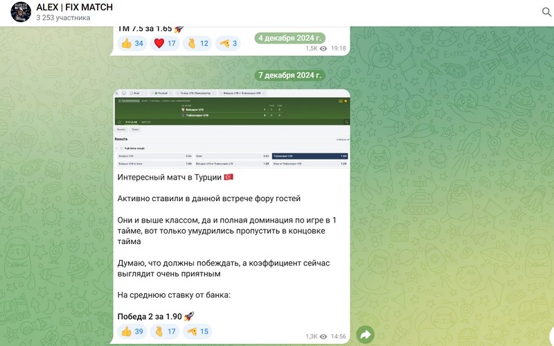 Обзор Телеграм-канала Alex Fix Match: отзывы о каппере Алекс Фикс Матч, оценка проходимости прогнозов